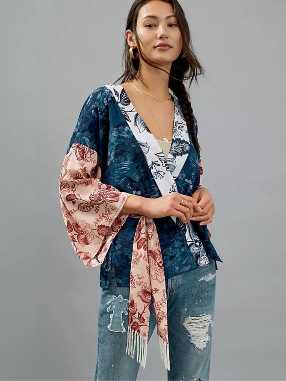 Anthropologie Floral Kimono Wrap Top — Navy, Pink & White
